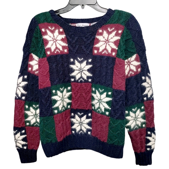 Vintage Cable Knit Embroidered Snowflake Oversize Grandpa Sweater Size Medium - Picture 7 of 7